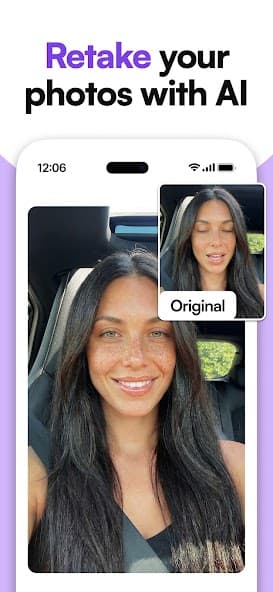 Retake AI app screen showing retouch controls